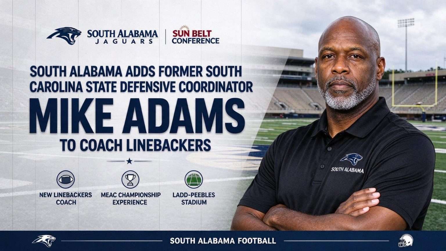 Illustration for the news story: South Alabama Adds Former South Carolina State Defensive Coordinator Mike Adams to Coach Linebackers