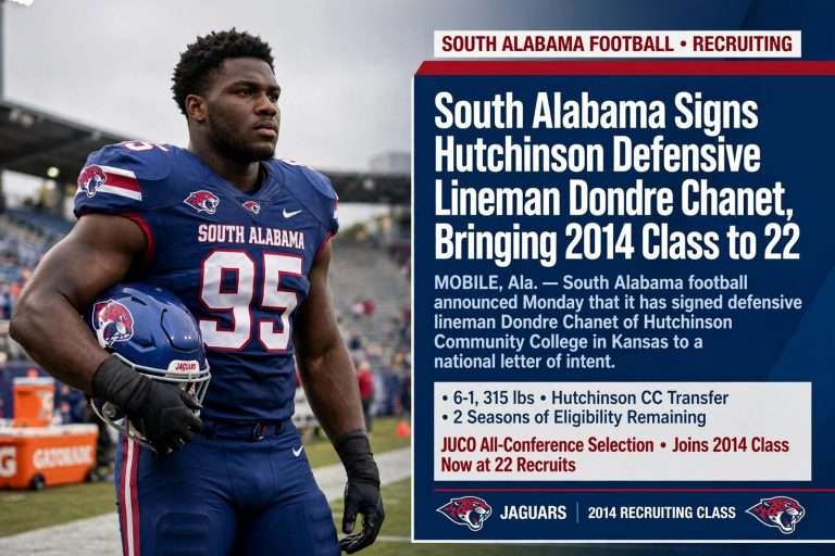 Illustration for the news story: South Alabama Signs Hutchinson Defensive Lineman Dondre Chanet, Bringing 2014 Class to 22