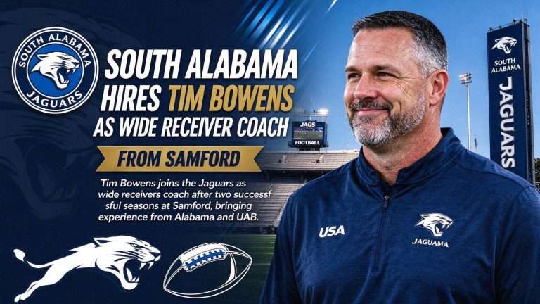 Illustration for the news story: South Alabama Hires Tim Bowens as Wide Receivers Coach From Samford
