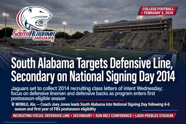 Illustration for the news story: South Alabama Targets Defensive Line, Secondary on National Signing Day 2014