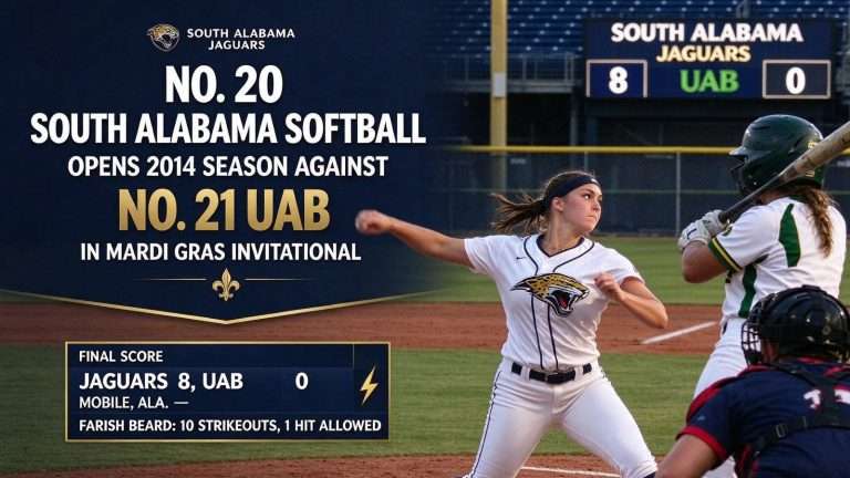 Illustration for the news story: No. 20 South Alabama Softball Opens 2014 Season Against No. 21 UAB in Mardi Gras Invitational