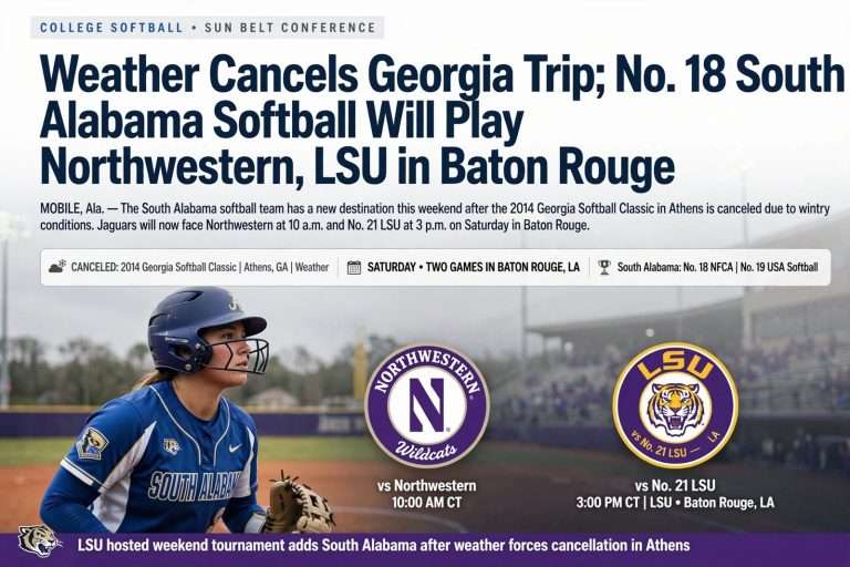 Illustration for the news story: Weather Cancels Georgia Trip; No. 18 South Alabama Softball Will Play Northwestern, LSU in Baton Rouge