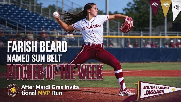 Illustration for the news story: Farish Beard Named Sun Belt Pitcher of the Week After Mardi Gras Invitational MVP Run