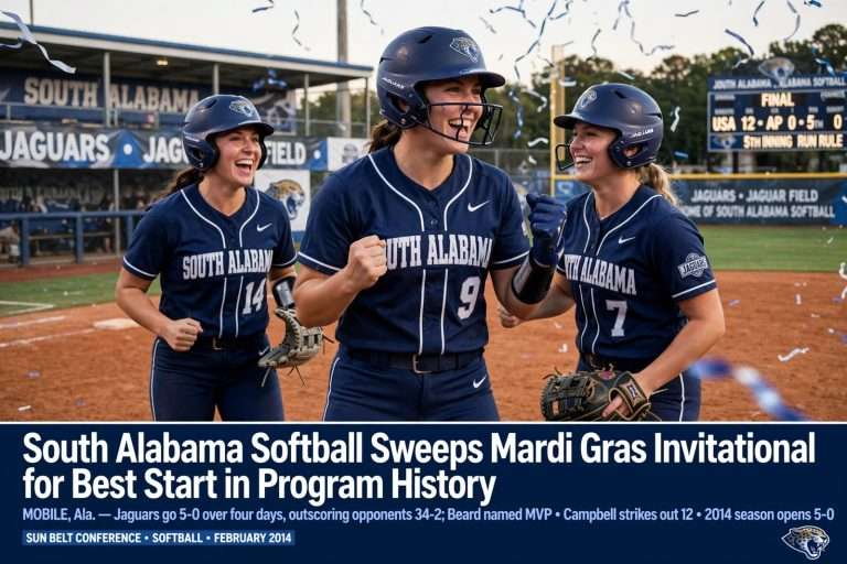 Illustration for the news story: South Alabama Softball Sweeps Mardi Gras Invitational for Best Start in Program History