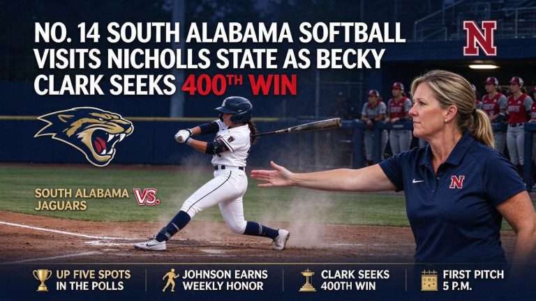 Illustration for the news story: No. 14 South Alabama Softball Visits Nicholls State as Becky Clark Seeks 400th Win