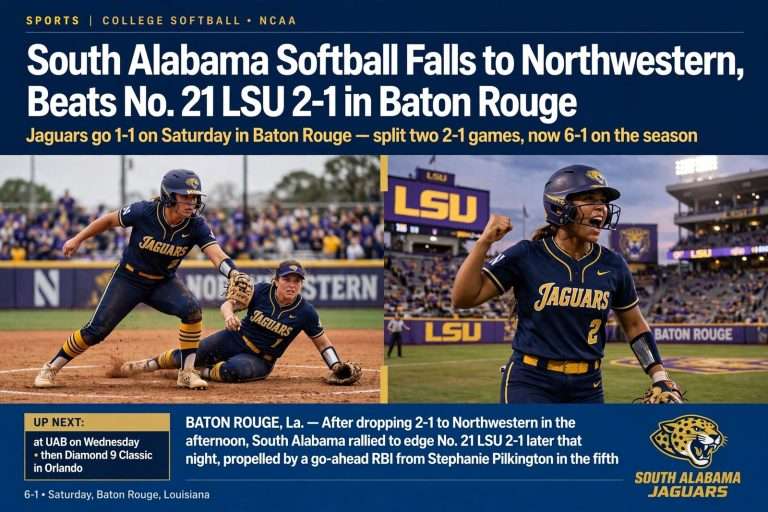 Illustration for the news story: South Alabama Softball Falls to Northwestern, Beats No. 21 LSU 2-1 in Baton Rouge