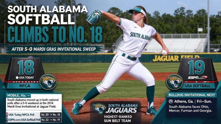 Illustration for the news story: South Alabama Softball Climbs to No. 18 After 5-0 Mardi Gras Invitational Sweep