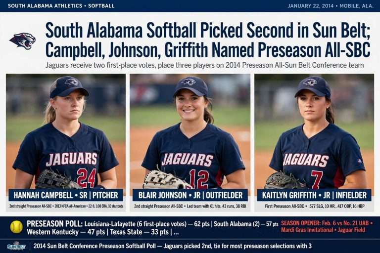 Illustration for the news story: South Alabama Softball Picked Second in Sun Belt; Campbell, Johnson, Griffith Named Preseason All-SBC