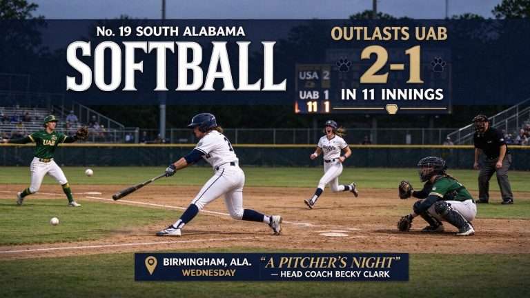 Illustration for the news story: No. 19 South Alabama Softball Outlasts UAB 2-1 in 11 Innings in Birmingham