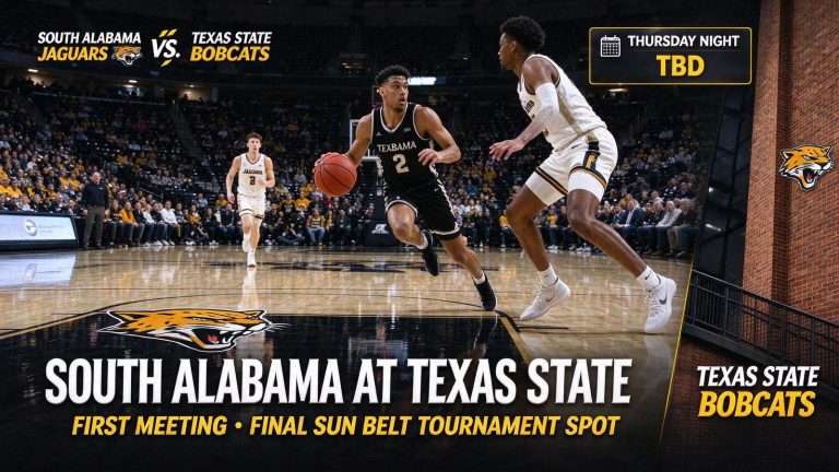 Illustration for the news story: South Alabama Visits Texas State in First Meeting, Chasing Final Sun Belt Tournament Spot