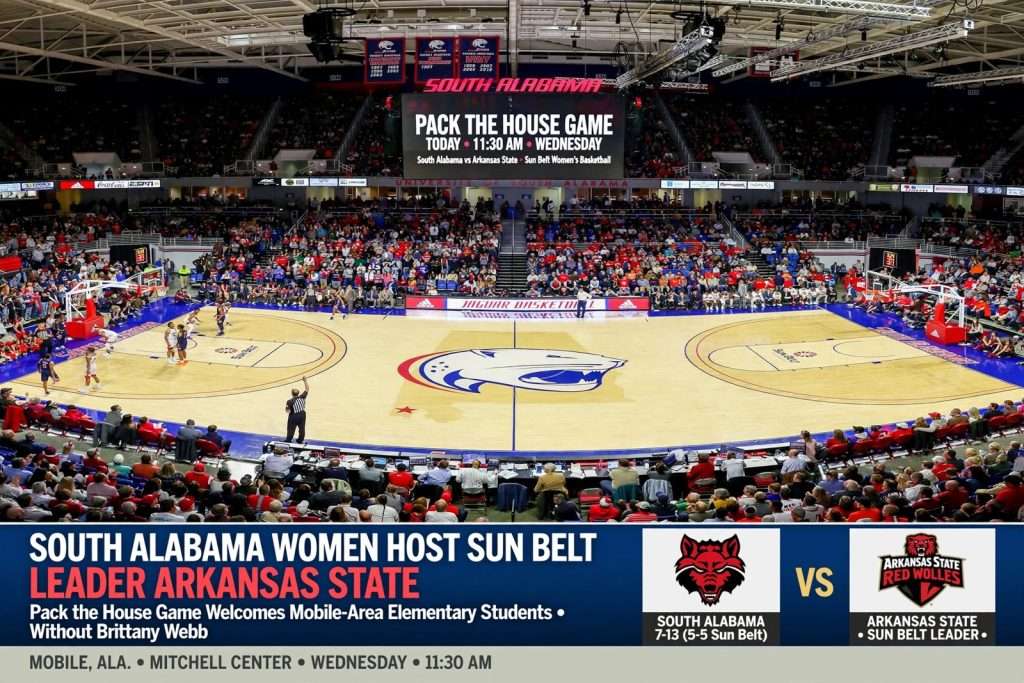 Illustration for the news story: South Alabama Women Host Sun Belt Leader Arkansas State in Pack the House Game Without Brittany Webb