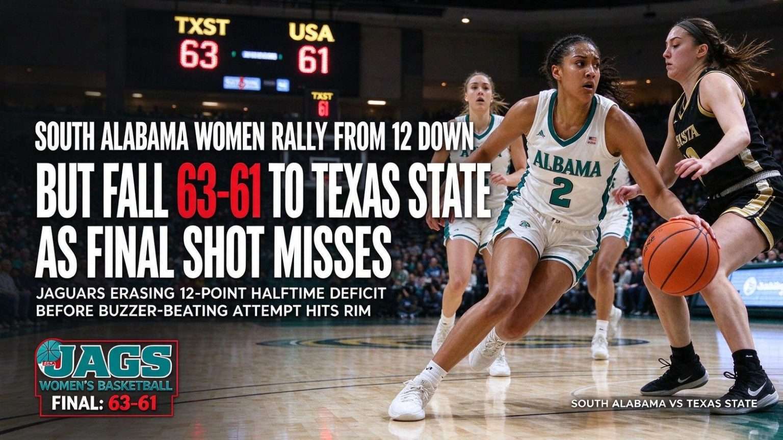 Illustration for the news story: South Alabama Women Rally From 12 Down but Fall 63-61 to Texas State as Final Shot Misses