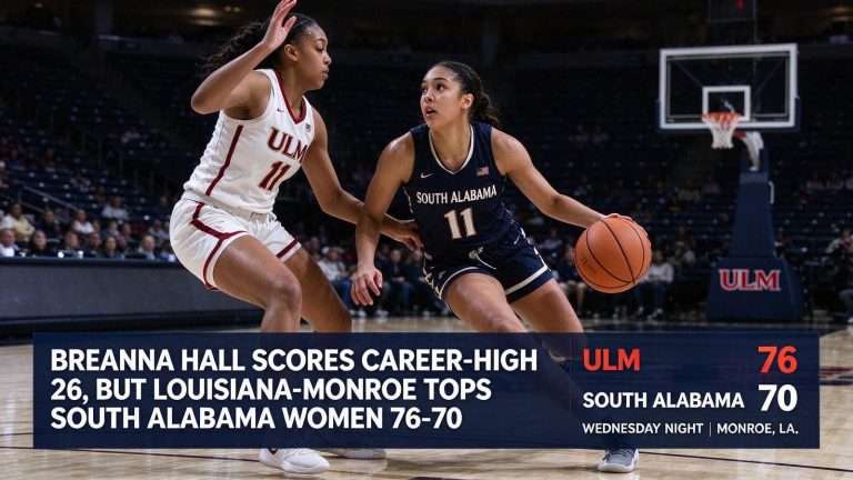 Illustration for the news story: Breanna Hall Scores Career-High 26, but Louisiana-Monroe Tops South Alabama Women 76-70
