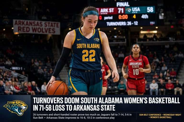 Illustration for the news story: Turnovers Doom South Alabama Women’s Basketball in 71-58 Loss to Arkansas State