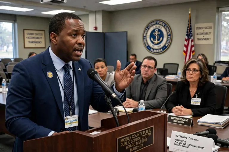 Illustration for the news story: AEA representative presses Mobile school board over in-house testing workload