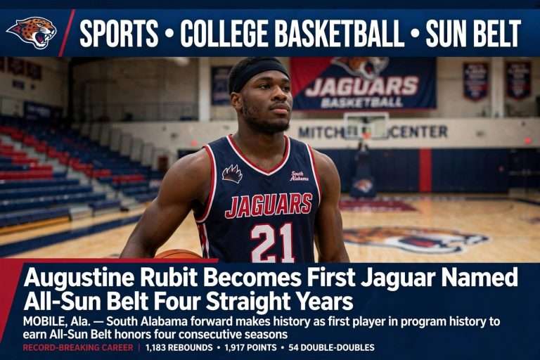 Illustration for the news story: Augustine Rubit Becomes First Jaguar Named All-Sun Belt Four Straight Years
