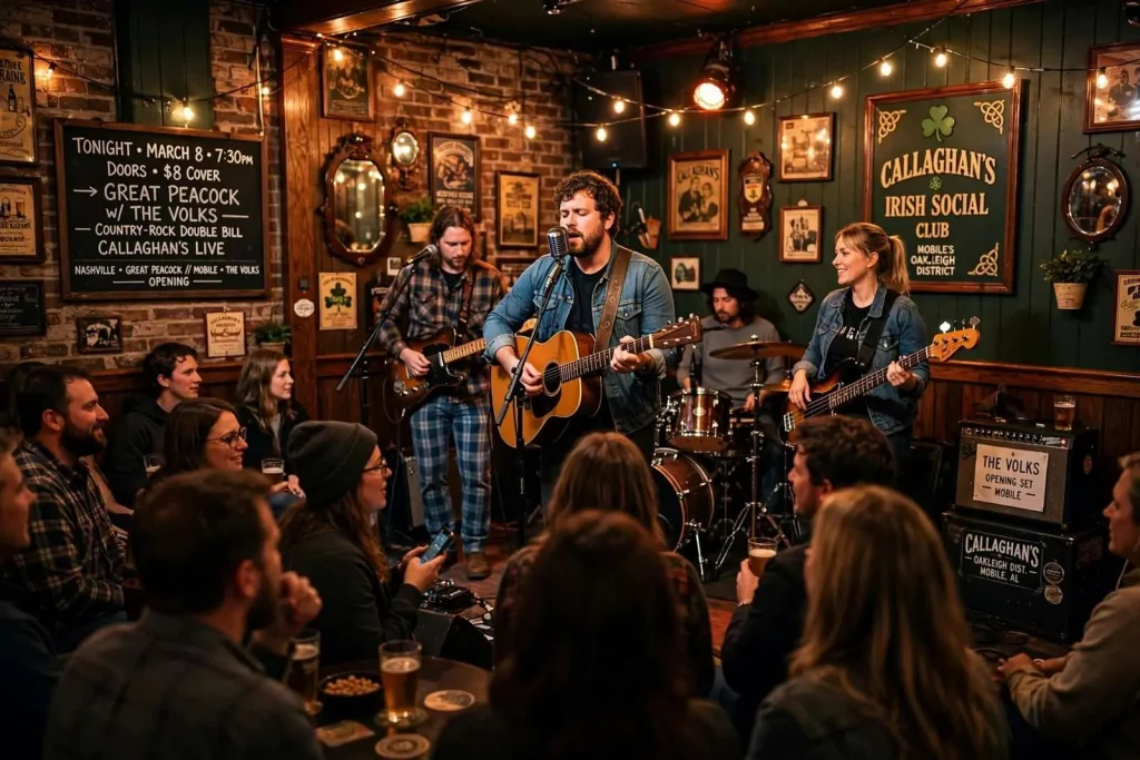 Illustration for the news story: Great Peacock Returns to Callaghan’s with Mobile’s The Volks Opening a Country-Rock Double Bill