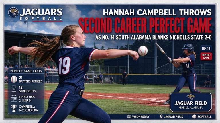 Illustration for the news story: Hannah Campbell Throws Second Career Perfect Game as No. 14 South Alabama Blanks Nicholls State 2-0