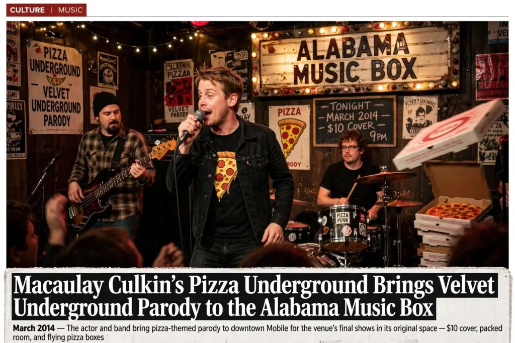 Illustration for the news story: Macaulay Culkin’s Pizza Underground Brings Velvet Underground Parody to the Alabama Music Box