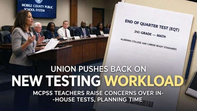 Illustration for the news story: Mobile teachers’ union pushes back on new in-house testing workload at MCPSS