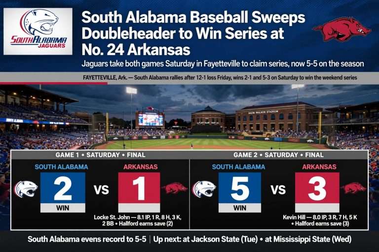 Illustration for the news story: South Alabama Baseball Sweeps Doubleheader to Win Series at No. 24 Arkansas