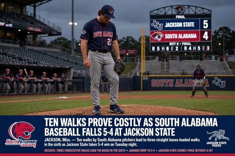 Illustration for the news story: Ten Walks Prove Costly as South Alabama Baseball Falls 5-4 at Jackson State