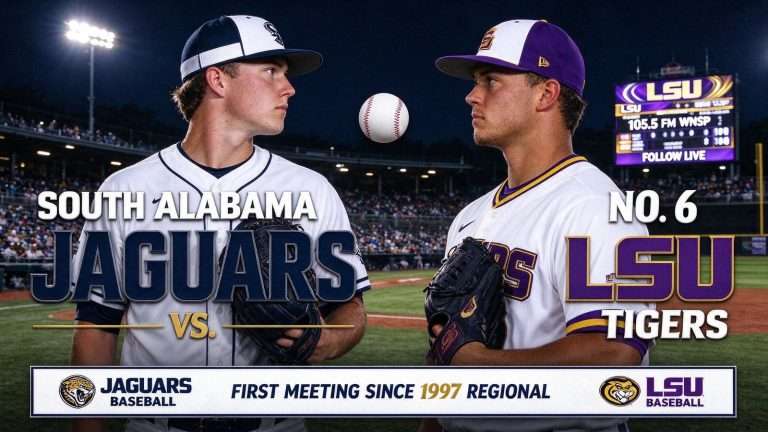 Illustration for the news story: South Alabama Baseball Visits No. 6 LSU in First Meeting Since 1997 Regional
