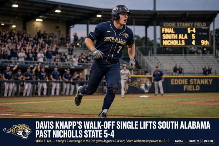 Illustration for the news story: Davis Knapp’s Walk-Off Single Lifts South Alabama Baseball Past Nicholls State 5-4