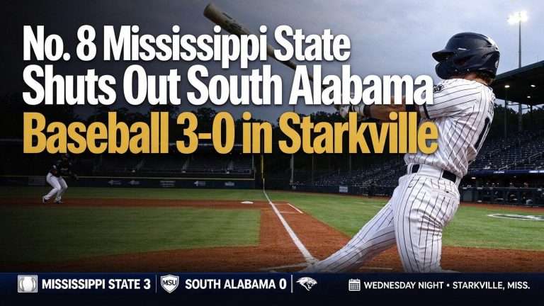 Illustration for the news story: No. 8 Mississippi State Shuts Out South Alabama Baseball 3-0 in Starkville