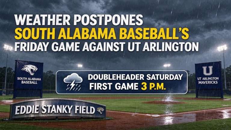 Illustration for the news story: Weather Postpones South Alabama Baseball’s Friday Game Against UT Arlington