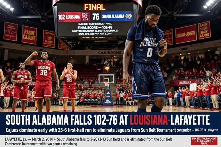 Illustration for the news story: South Alabama Basketball Falls 102-76 at Louisiana-Lafayette, Eliminated From Sun Belt Tournament Race
