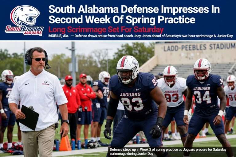 Illustration for the news story: South Alabama Defense Impresses In Second Week Of Spring Practice; Long Scrimmage Set For Saturday