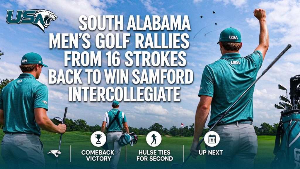 Illustration for the news story: South Alabama Men’s Golf Rallies From 16 Strokes Back to Win Samford Intercollegiate