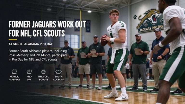 Illustration for the news story: Ross Metheny, Pat Moore Among Former Jaguars Working Out for NFL, CFL Scouts at South Alabama Pro Day