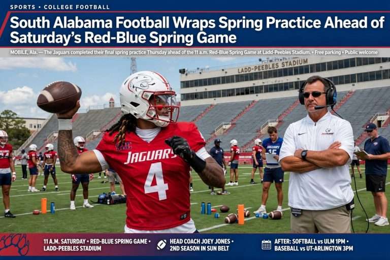 Illustration for the news story: South Alabama Football Wraps Spring Practice Ahead of Saturday’s Red-Blue Spring Game