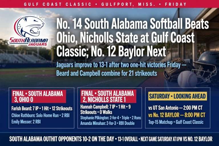 Illustration for the news story: No. 14 South Alabama Softball Beats Ohio, Nicholls State at Gulf Coast Classic; No. 12 Baylor Next