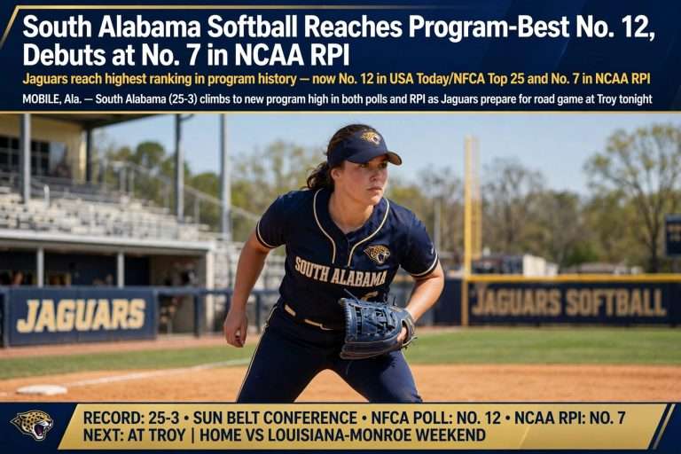 Illustration for the news story: South Alabama Softball Reaches Program-Best No. 12, Debuts at No. 7 in NCAA RPI