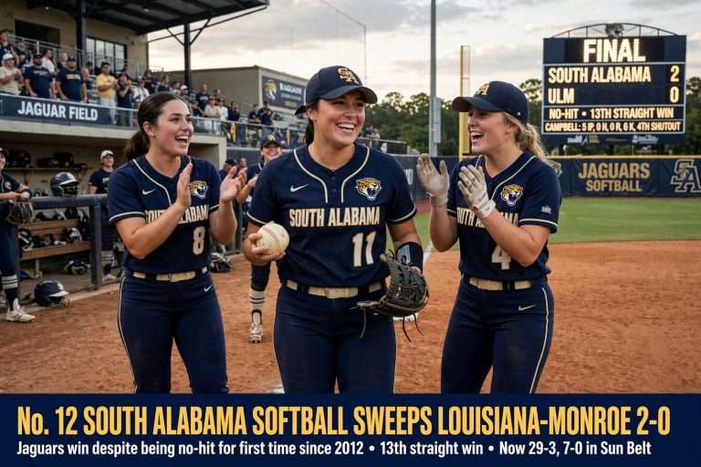 Illustration for the news story: No. 12 South Alabama Softball Sweeps Louisiana-Monroe, Wins 2-0 Despite Being No-Hit
