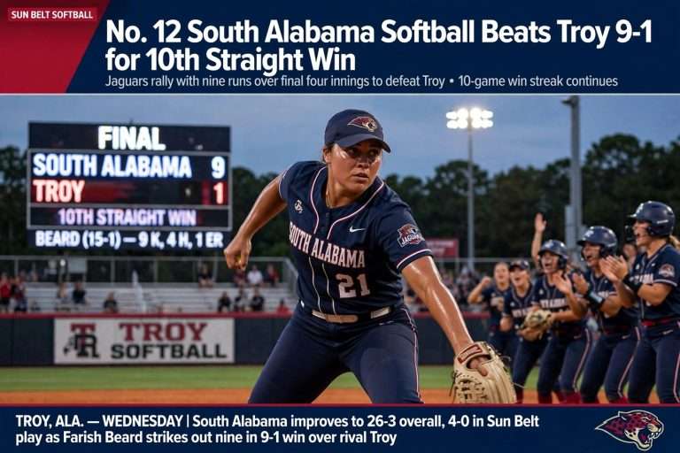 Illustration for the news story: No. 12 South Alabama Softball Beats Troy 9-1 for 10th Straight Win