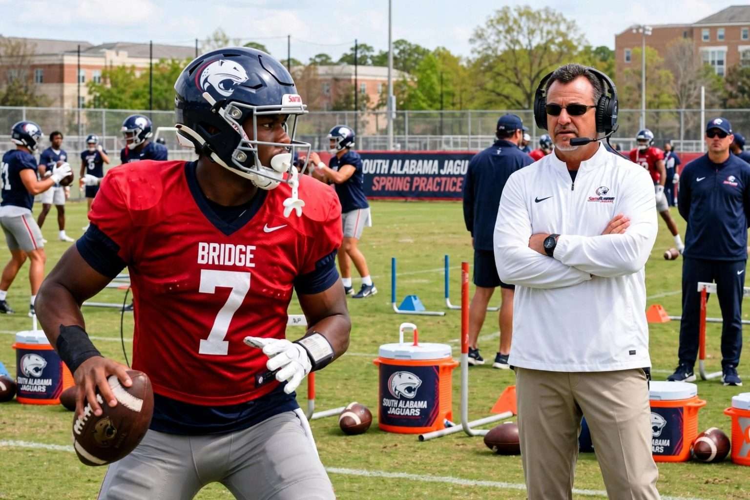 Illustration for the news story: South Alabama Spring Football Practice Opens With Bridge at No. 1 Quarterback