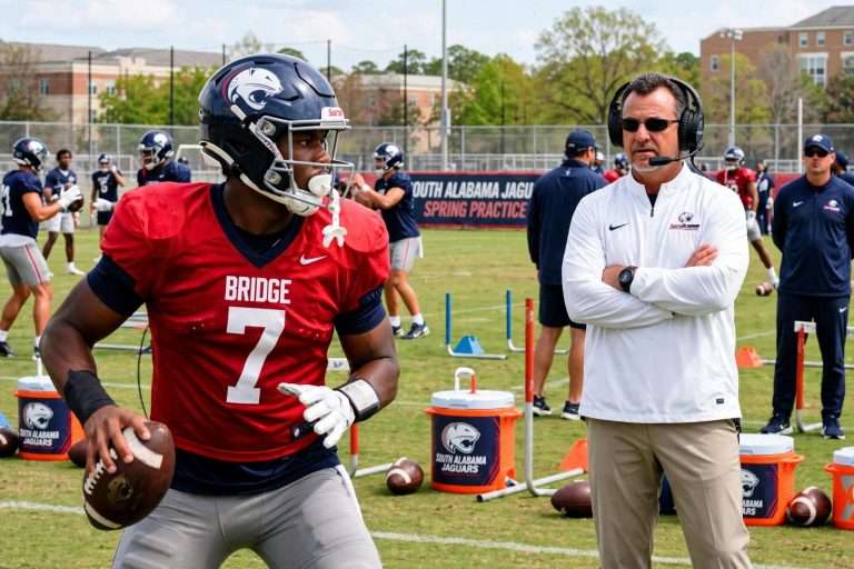 Illustration for the news story: South Alabama Spring Football Practice Opens With Bridge at No. 1 Quarterback