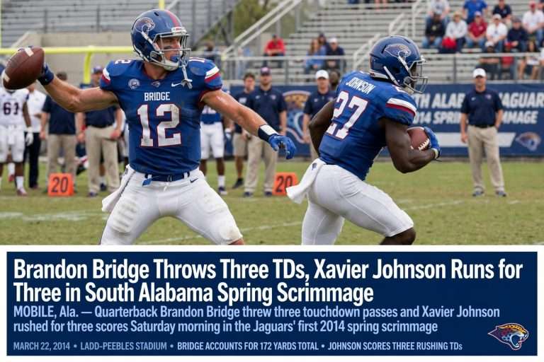 Illustration for the news story: Brandon Bridge Throws Three TDs, Xavier Johnson Runs for Three in South Alabama Spring Scrimmage