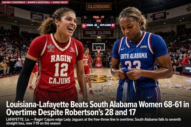 Illustration for the news story: Louisiana-Lafayette Beats South Alabama Women 68-61 in Overtime Despite Robertson’s 28 and 17