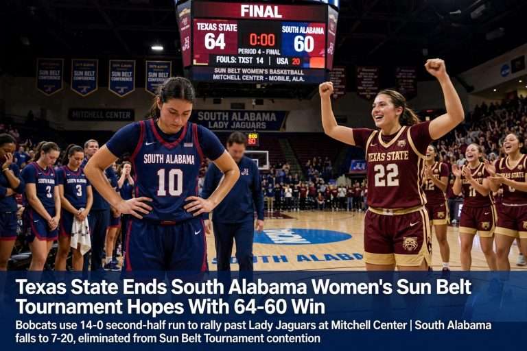 Illustration for the news story: Texas State Ends South Alabama Women’s Sun Belt Tournament Hopes With 64-60 Win
