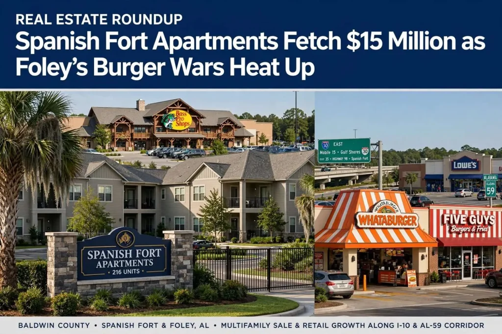 Illustration for the news story: Real Estate Roundup: Spanish Fort Apartments Fetch $15 Million as Foley’s Burger Wars Heat Up