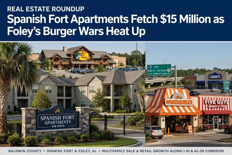 Illustration for the news story: Real Estate Roundup: Spanish Fort Apartments Fetch $15 Million as Foley’s Burger Wars Heat Up