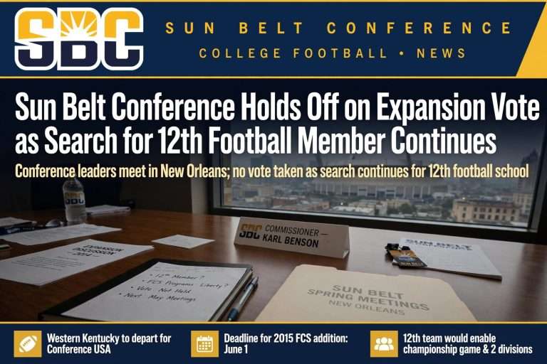 Illustration for the news story: Sun Belt Conference Holds Off on Expansion Vote as Search for 12th Football Member Continues