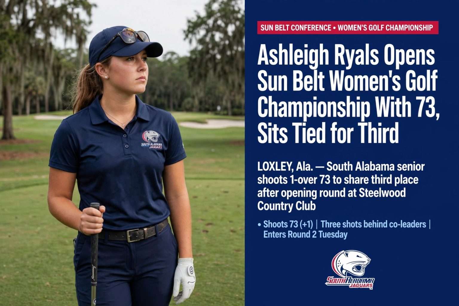 Illustration for the news story: Ashleigh Ryals Opens Sun Belt Women’s Golf Championship With 73, Sits Tied for Third