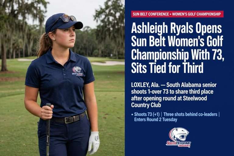 Illustration for the news story: Ashleigh Ryals Opens Sun Belt Women’s Golf Championship With 73, Sits Tied for Third