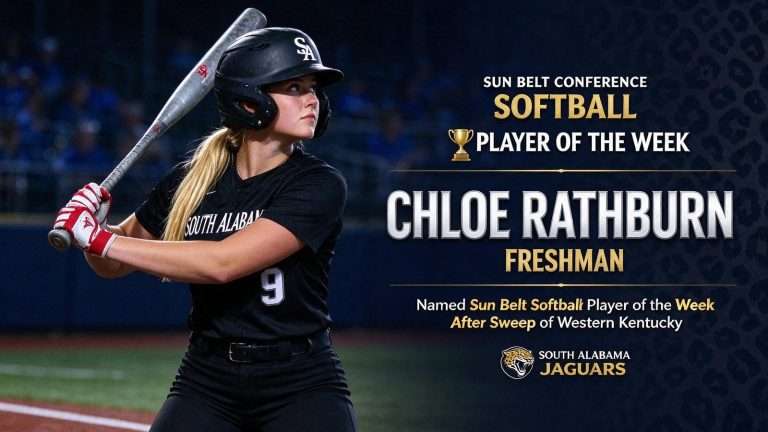 Illustration for the news story: Freshman Chloe Rathburn Named Sun Belt Softball Player of the Week After Sweep of Western Kentucky